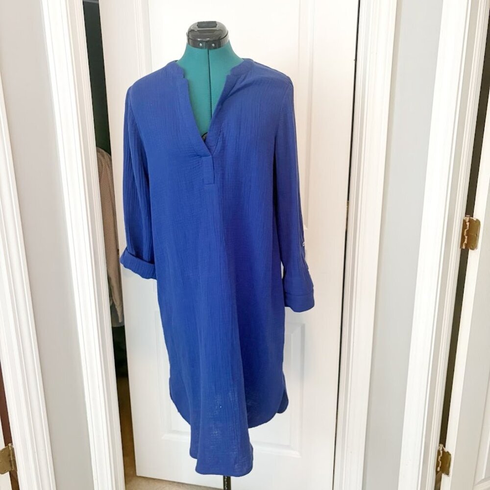 Chicos Split V Neck Tunic Textured 100% Cotton Roll Up Sleeve Midi Dress